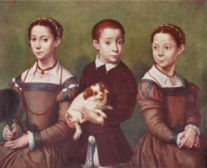 "Sofonisba Anguissola (1532-1625) Three Children with Dog Oil on canvas c1570-1590 95 x 74 cm (3' 1.4" x 29.13") Private collection"