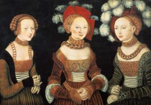 Three princesses of Saxony, Sibylla (1515-92), Emilia (1516-91) and Sidonia (1518-75), daughters of, oil on panel by Lucas Cranach d. Ä (c.1535). Vienna, Kunsthistorisches Museum.
