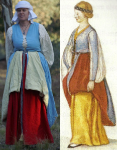 Left: My first Irish outfit, made entirely of linen. Right: A watercolour of an Irish maid by Lucas de Heere (1575).