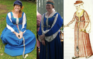 Two left images: Ceara's second Irish dress. Right: Watercolour of an Irish woman by Lucas de Heere (16th century).