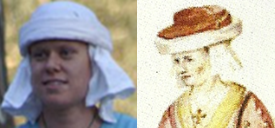 Left: Ceara's 'cheese mould' hat. Right: Watercolour by Lucas de Heere of an Irishwoman (1575).