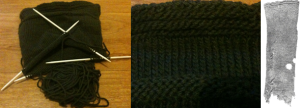Left and middle: Bog green, knee-high socks in the process of being knitted by Ceara. Right: Carnamoyle Stockings (16th-17h century, Ireland)