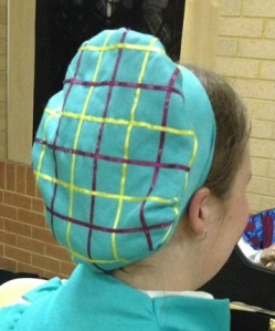 Back view of Elizabeth Rowe's coif, made from the instructions provided at Festival.
