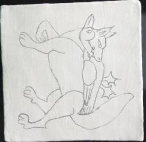 The fox and goose was drawn onto the tin oxide coated tile with a pencil.