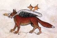 A fox eating a bird, from the Luttrell Psalter, England c1320-1340.