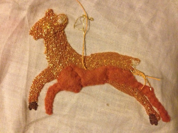 Padded goldwork deer, embroidered with different coloured silks. I never finished this deer... it was meant to be for a LOG pouch but I didn't like the way it was progressing. I eventually completed another LOG pouch from scratch.
