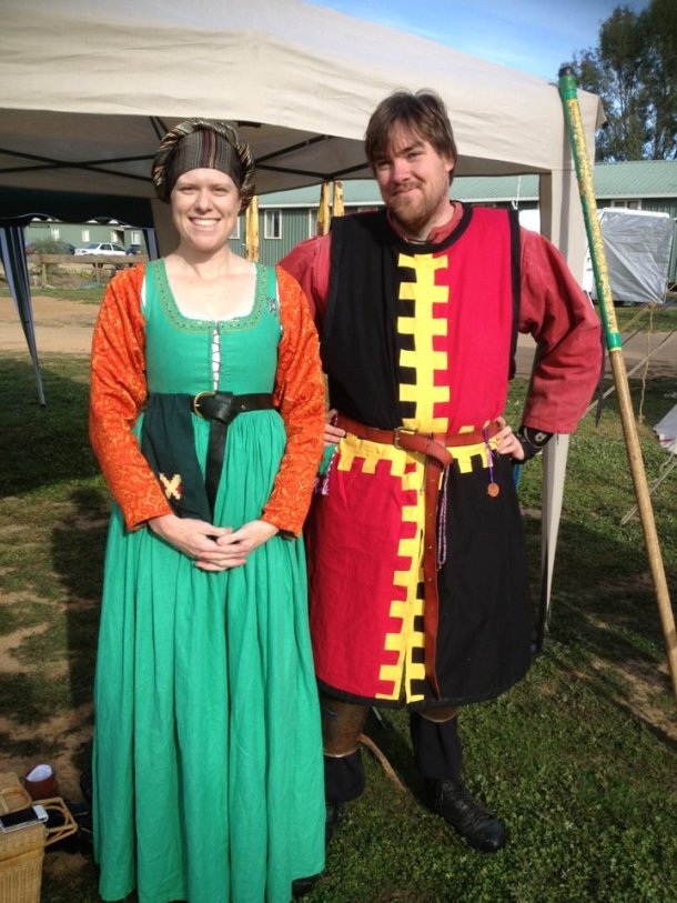 The full May Crown dress that I made for 2012, along with the tabard I made for Macca (my consort).