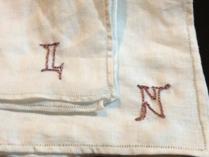 Finished linen handkerchiefs for TRM's Niall and Liadan, by Mistress Mathilde and Lady Ceara.