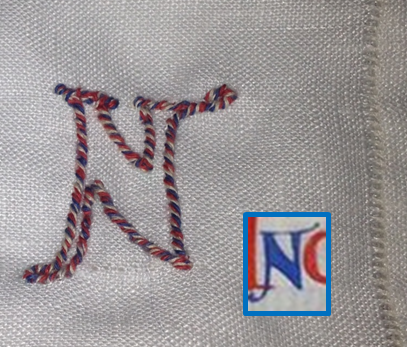 The N embroidered in stem stitch by Ceara, with the Bible of Puiset letter font it was based on to the right in the small box.