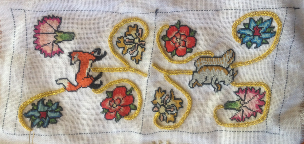 My progress to date on the Elizabethan plaited braid stitch on my sweet bag.