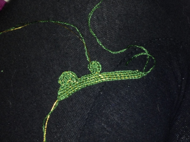 Attempt 1 at the oak leaf tassels with the beginning of two lobes of the leaf.