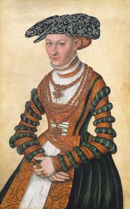 'A Lady in Green Velvet and Orange Dress and a Pearl-Embroidered Black Hat' by Lucas Cranach II, c1541. Image source: http://commons.wikimedia.org/wiki/File:A_Lady_in_a_green_velvet_and_orange_dress_and_a_pearl-embroidered_black_hat_by_Lucas_Cranach_II.jpg