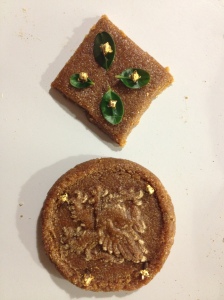 Two of the gingerbread I made from an adaptation of a 16th century recipe - top decorated with gold-gilt cloves and box leaves and the bottom with a griffin impression and gold-gilt cloves