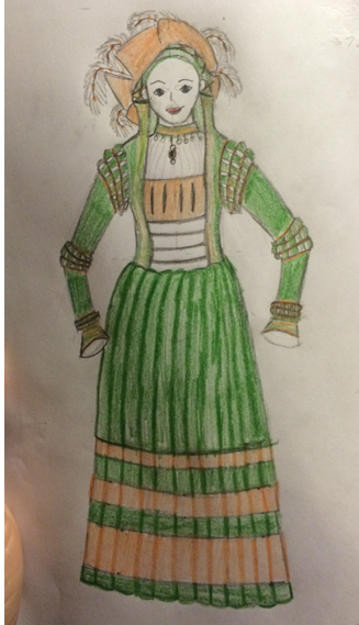 The sketch I made, combining various elements of Saxony court garb from portraits.
