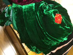 Green and orange silk velvets, a gift from my delightful laurel Mistress Mathilde in January 2014.