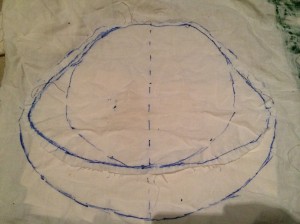 Figure 3: Caul mockup two – I traced around the pattern from mockup one and extended the sides and bottom of the pattern (that will sit at the nape of the neck).