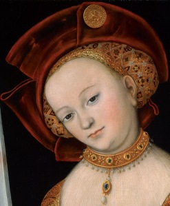 Detail of a Cranach showing the caul and hat style that I intend to make.