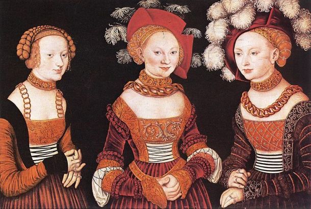The Princesses Sibylla (1515-1592), Emilia (1516-1591) and Sidonia (1518-1575) of Saxony by Lucas Cranach the Elder in 1535. Source: Wikimedia Commons