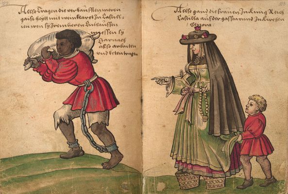Watercolour by Christoph Weiditz of a Spanish woman (right) from his Trachtenbuch (c1530). Image sourced from Wikimedia Commons 2014.