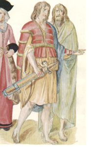 Figure 1: Detail from Irish men and women, by Lucas d’Heere, circa 1575. The man in the foreground is wearing a red ionar jacket with fringing contrasts. Image sourced from Irish Archaeology online.
