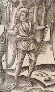Figure 3: Detail from Plate 1 of John Derrick’s The Image of Irelande (1581), depicting an Irish soldier holding a battle-axe. Image sourced from Wikipedia.