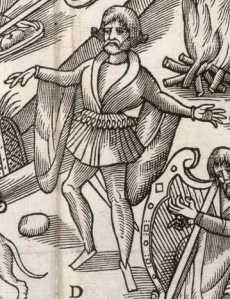 Figure 4: Detail from Plate 3 of John Derrick’s The Image of Irelande (1581), depicting an Irish bard entertaining the chief of the Mac Sweynes at a feast in the woods. Image sourced from Wikipedia.