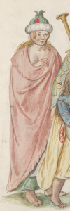 Figure 15: Detail of a female figure from Lucas de Heere’s watercolour of Irish as they stand accoutred being at the service of the late King Henry (ca 1575).