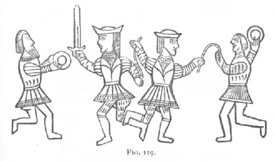 Figure 6: A group on ancient engraved book-cover of bone, showing costume: one with cymbals; and all engaged in some kind of dance. 14th or 15th century. Image is Figure 119 from A Smaller Social History of Ancient Ireland by P.W. Joyce 1906.