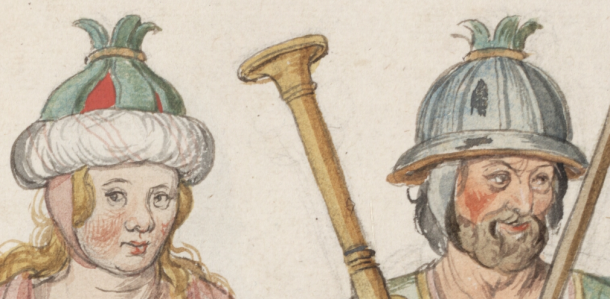 Detail of the hats on Irish people depicted in watercolours by Lucas de Heere (ca 1575).