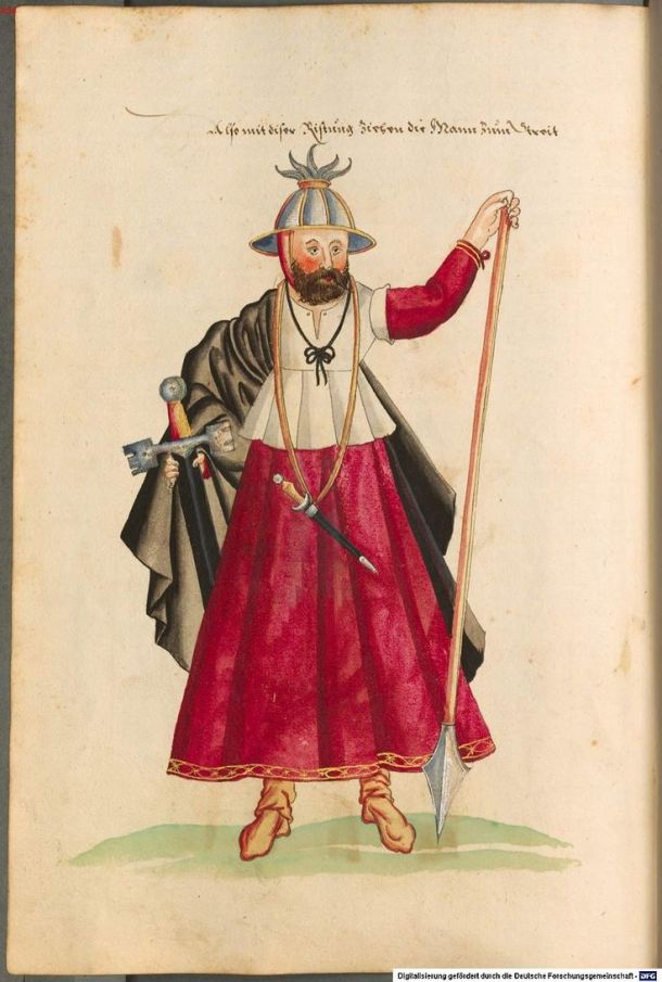 Watercolour of an Irish man by an anonymous author (Bavarian State Library, originally published ca1500)