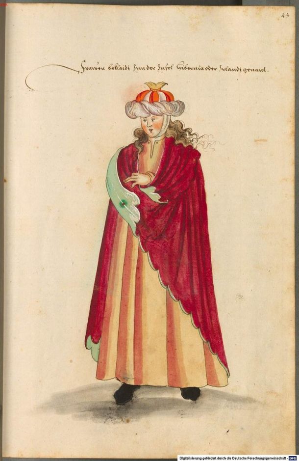 Watercolour of an Irish woman by an anonymous author (Bavarian State Library, originally published ca1500)