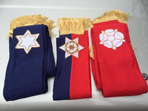 The completed sashes for TRM Steffan and Branwen. Photo by THB Ceara Shionnach, July 2015.