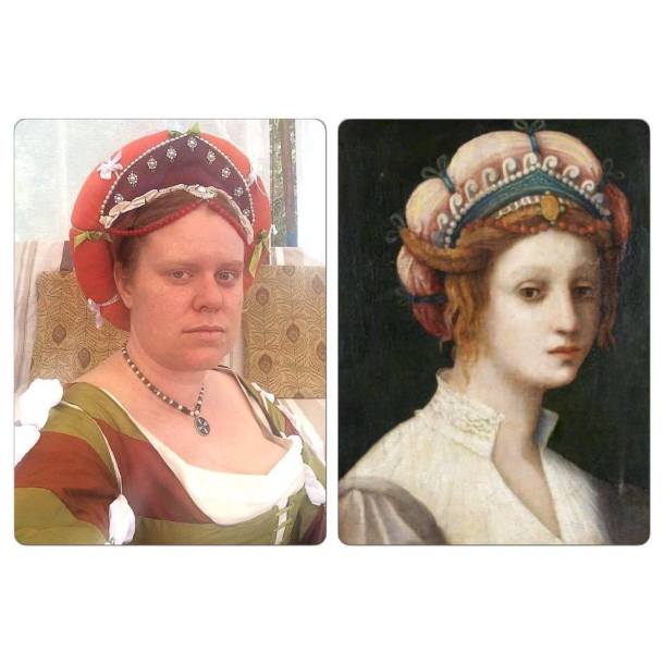 My finished balzo (left) beside the inspirational portrait (right). Left image by THL Ceara Shionnach, right image is 'Portrait of a Lady' attributed to Domenico Puligo (Florence 1492-1527).