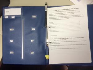 A photo of the layout of the inside of the folders I setup for the voice heralds at Crown Tourney. The voice herald scripts were on the right and the bouts were set up on the left.
