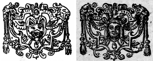 A page page in Griffintayle (left) drawn in ink by Ceara Shionnach compared with the source image from Relation (sourced from Heidelberger historische Bestande). The primary difference between the motifs is that the face in the centre of Relation's figure was replaced with a griffin's face. 