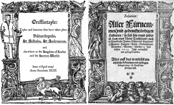 Griffintayle's title page (left) drawn in ink by Ceara Shionnach compared with Relation's title page (sourced from Heidelberger historische Bestande).