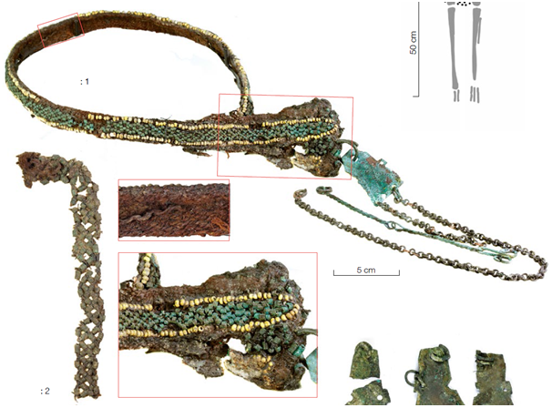 Figure 4: headwreath tails published on p21 in Valk et al 2014.This shows both kinds of chain (paired links and twisted), and how the tails could be attached to the headband.